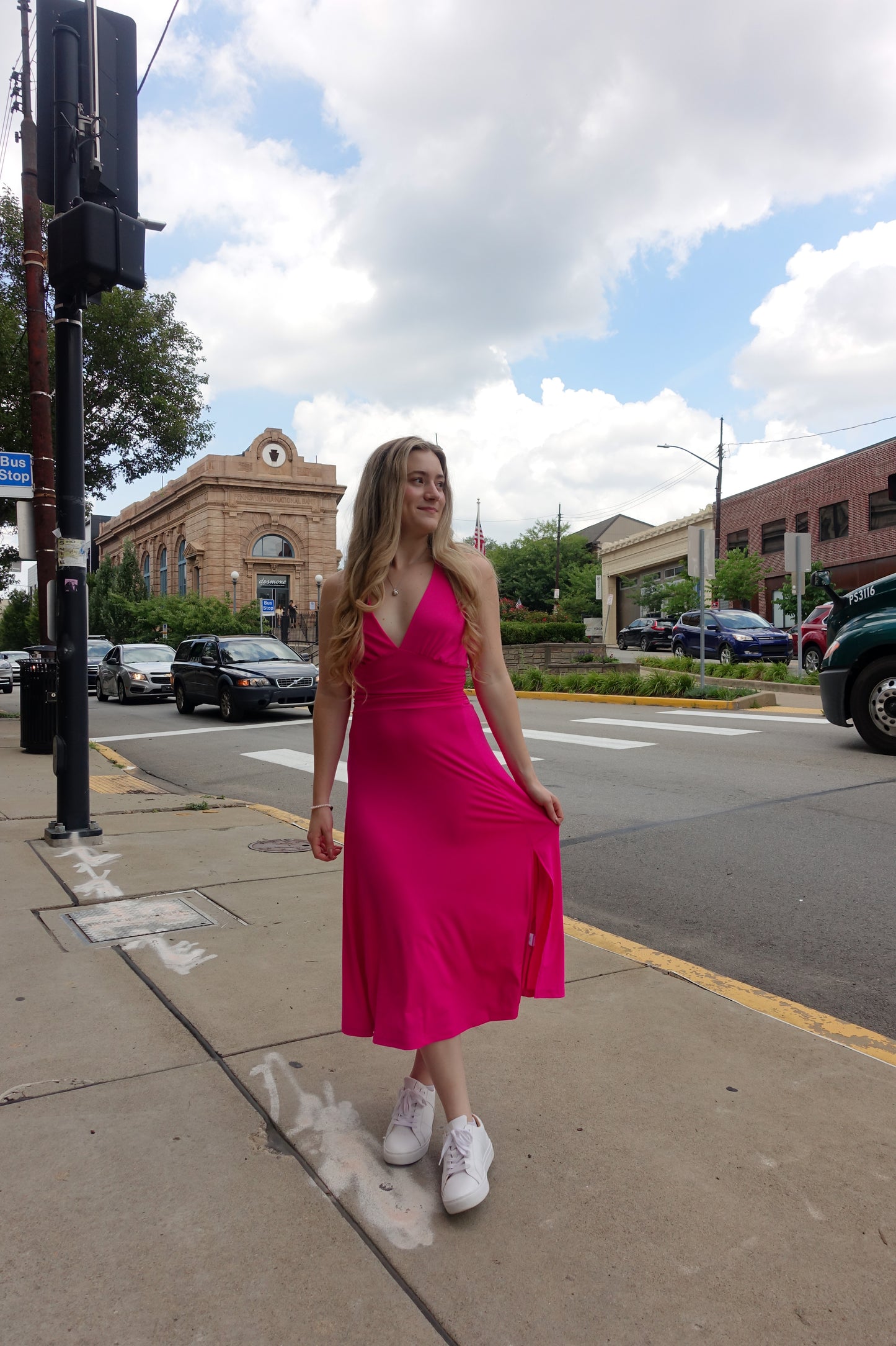 Fuchsia Deep V Midi Dress