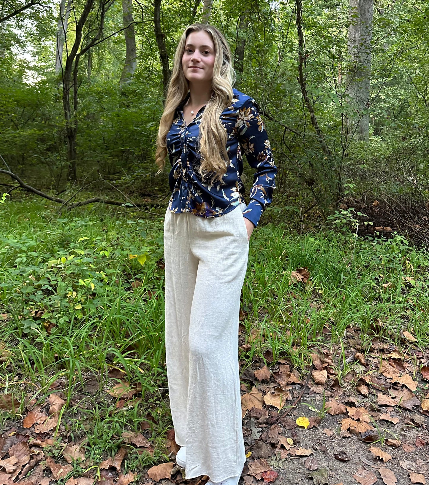 Navy Floral Collared Top