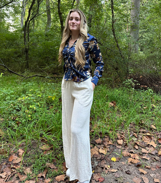 Navy Floral Collared Top