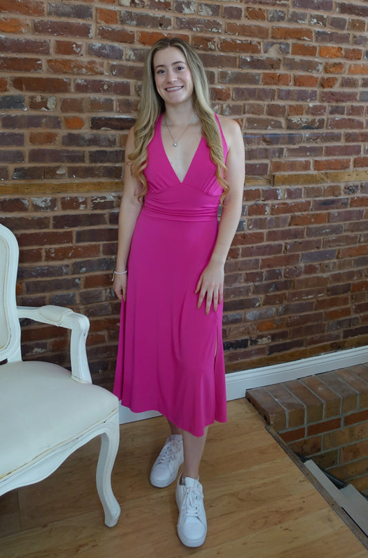 Fuchsia Deep V Midi Dress