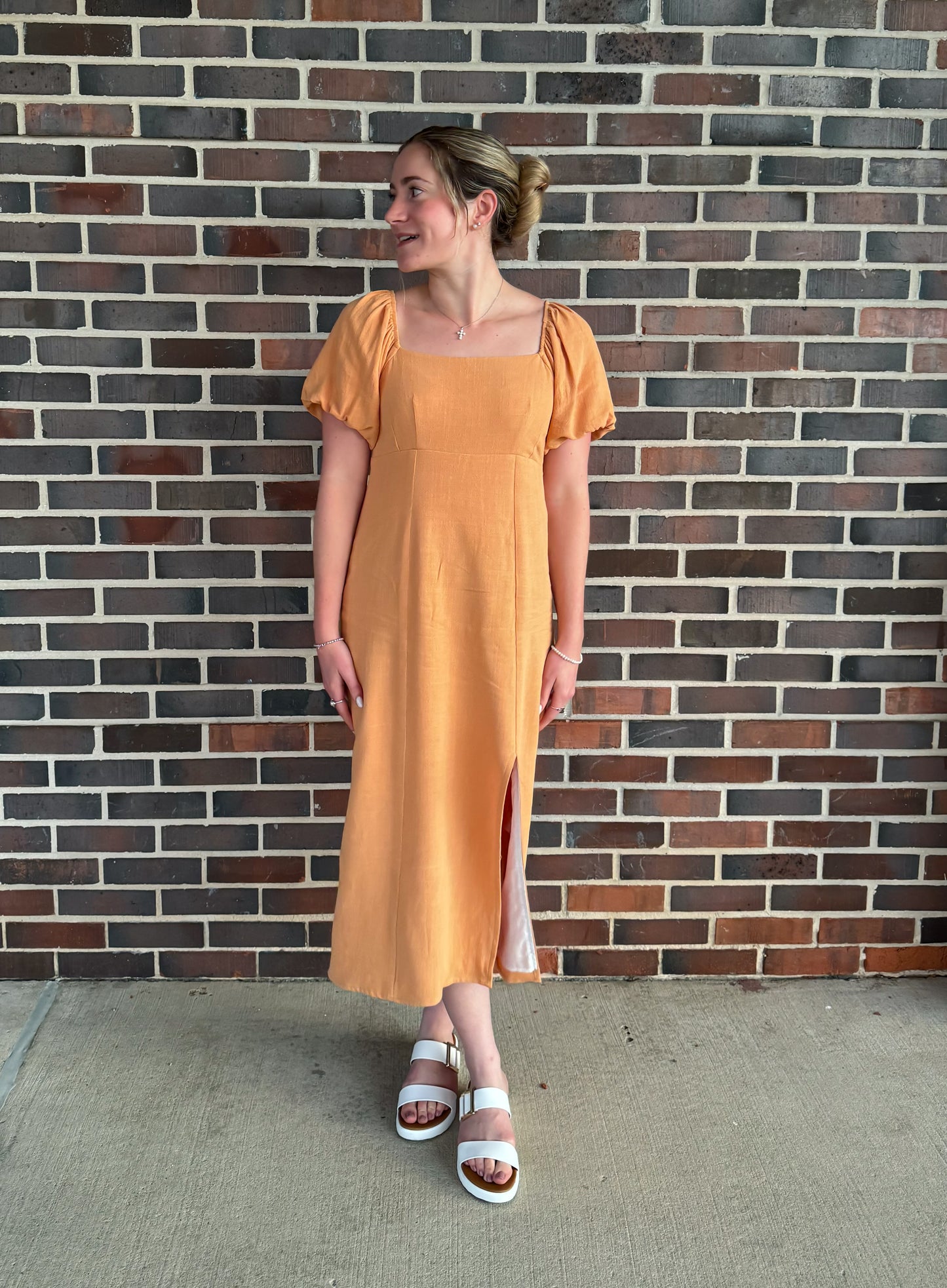 Orange Puff Sleeve Midi Dress