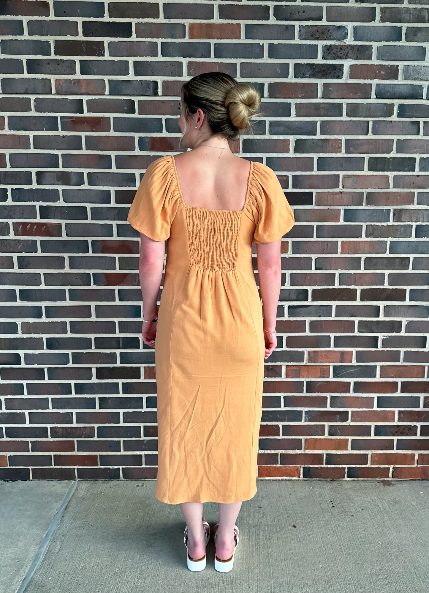 Orange Puff Sleeve Midi Dress