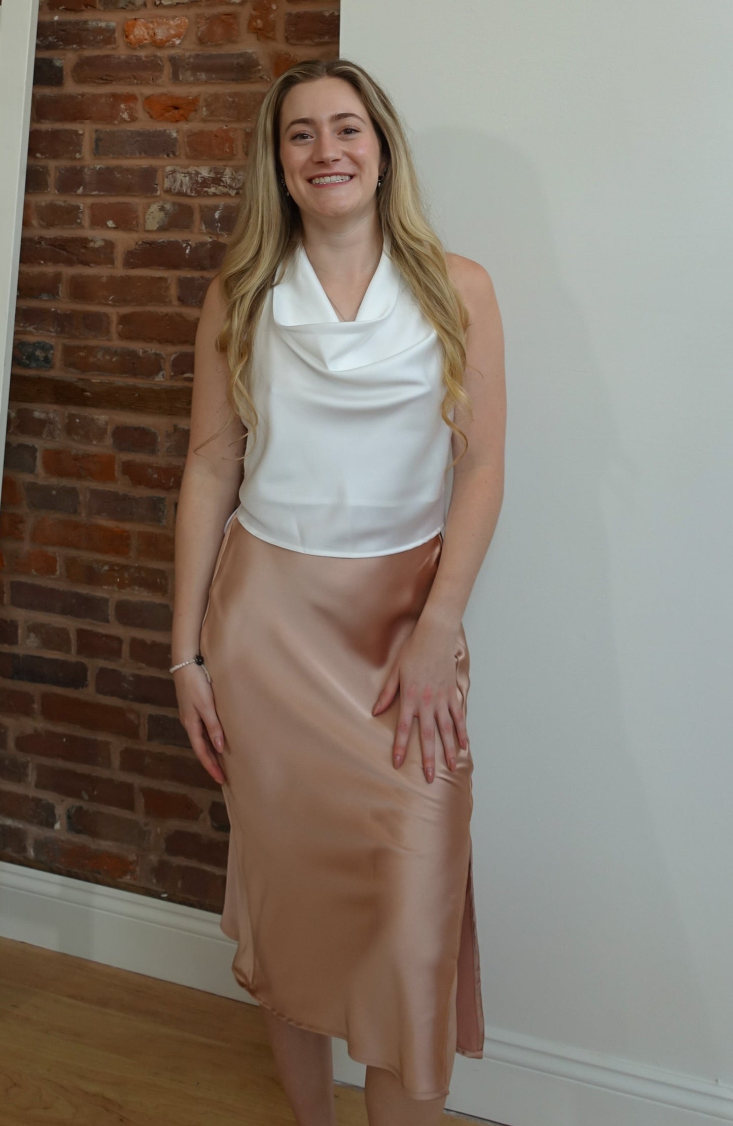 Rose Satin Midi Skirt