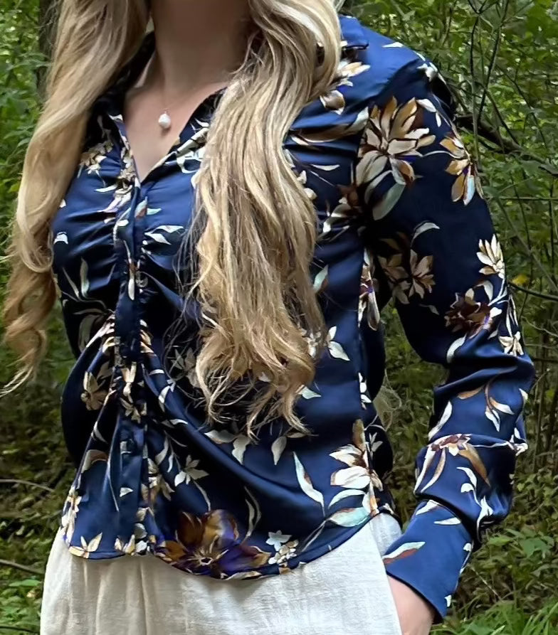 Navy Floral Collared Top