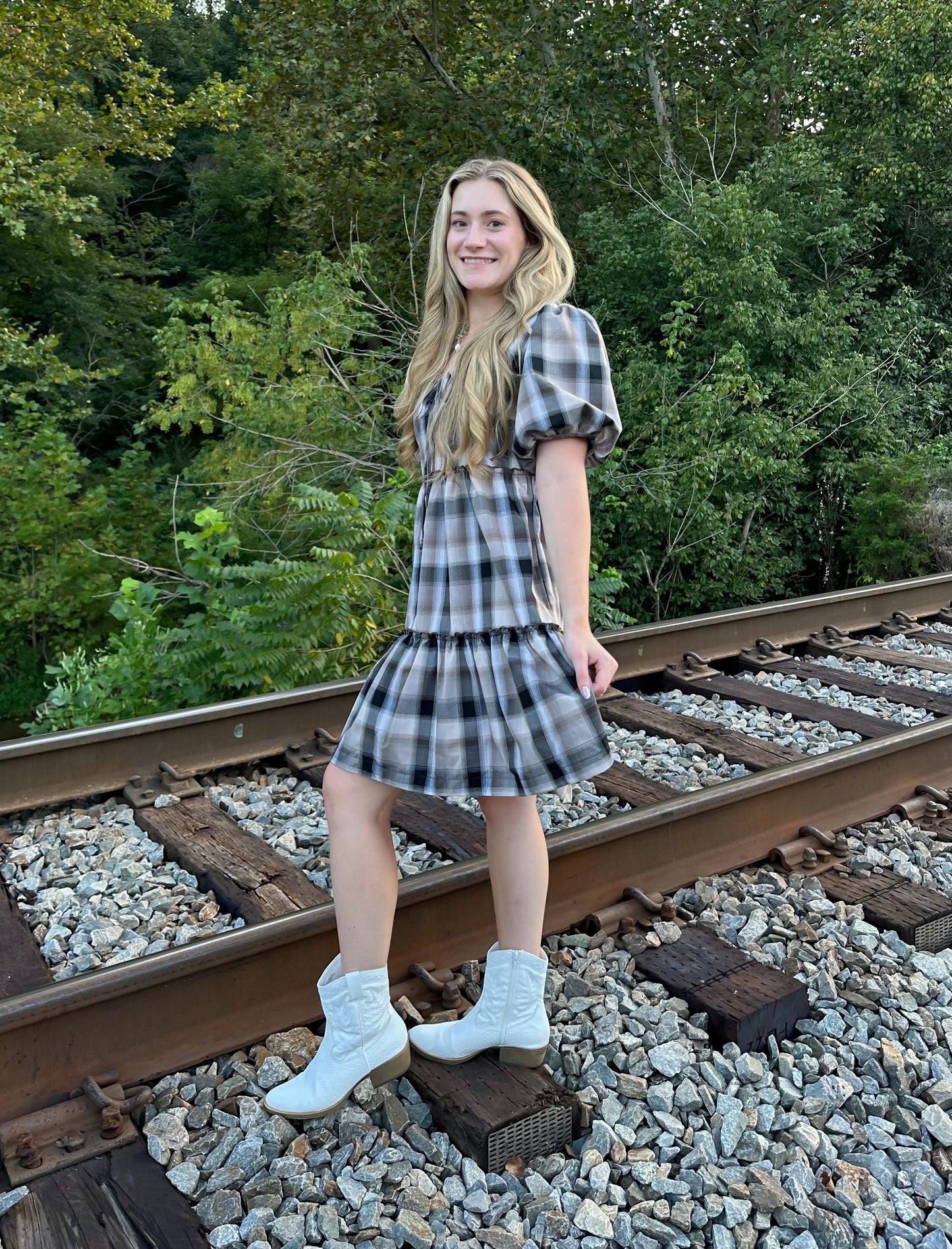 Plaid Puff Sleeve Mini Dress