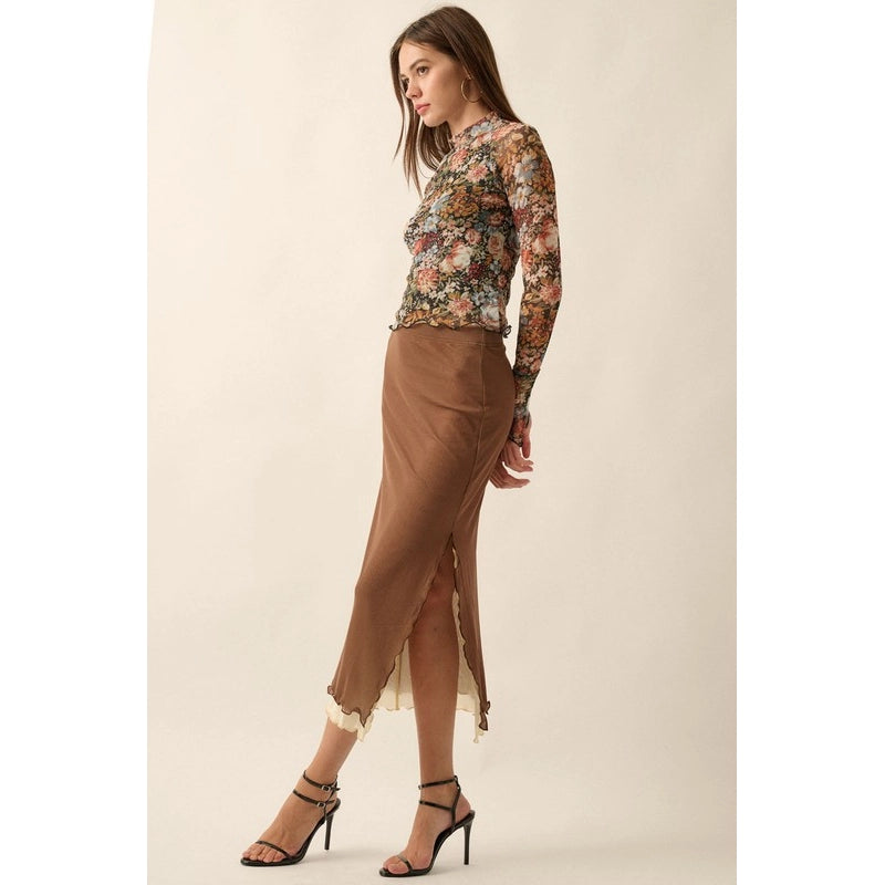 Brown Contrast Midi Skirt