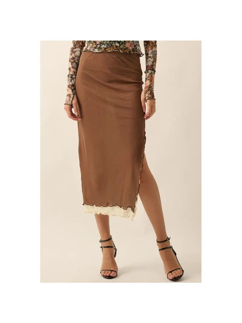 Brown Contrast Midi Skirt