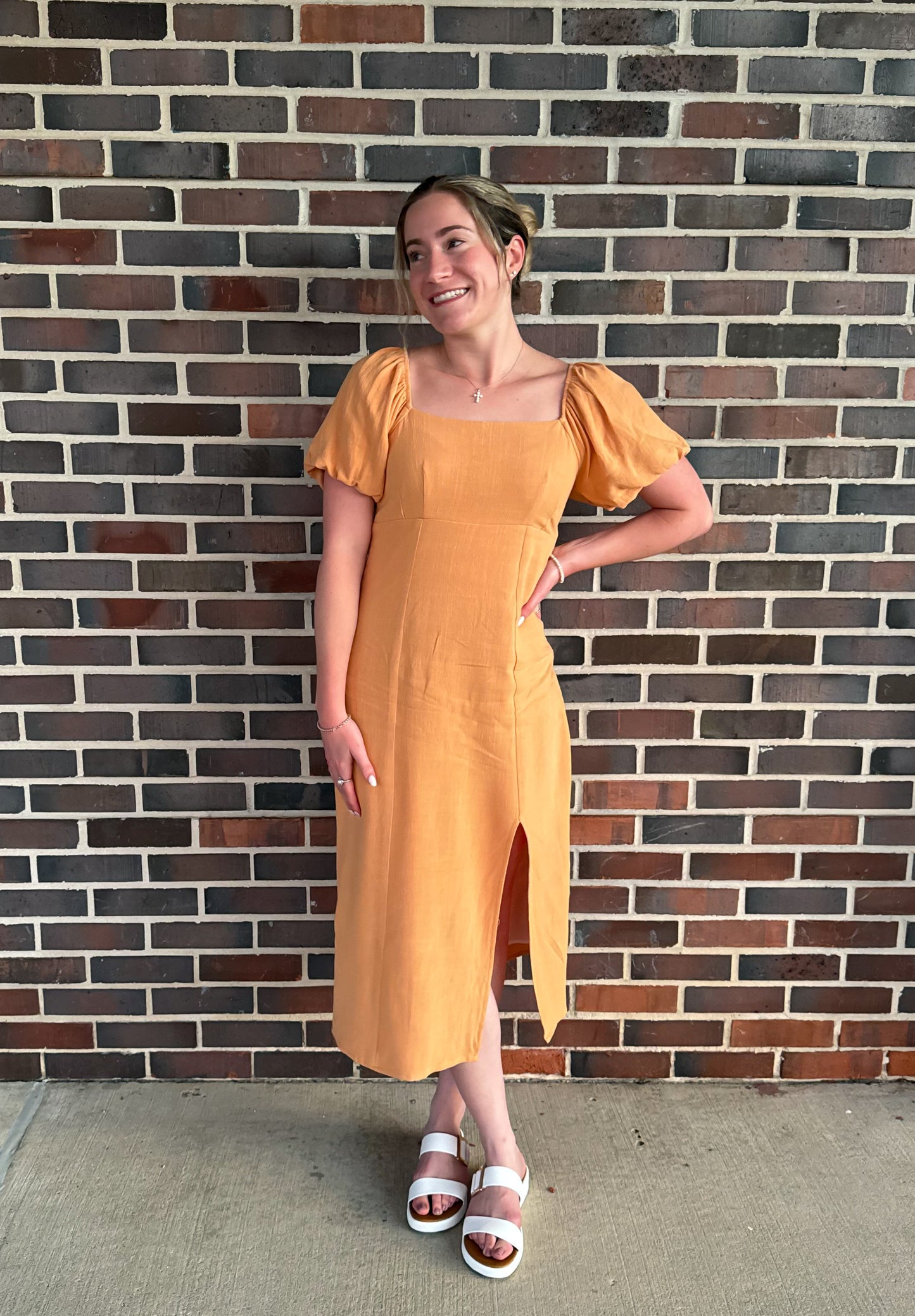 Orange Puff Sleve Midi Dress